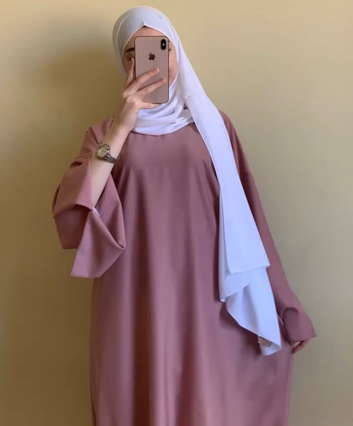 Pink cut Sleeves Basic Abaya with White Scarf